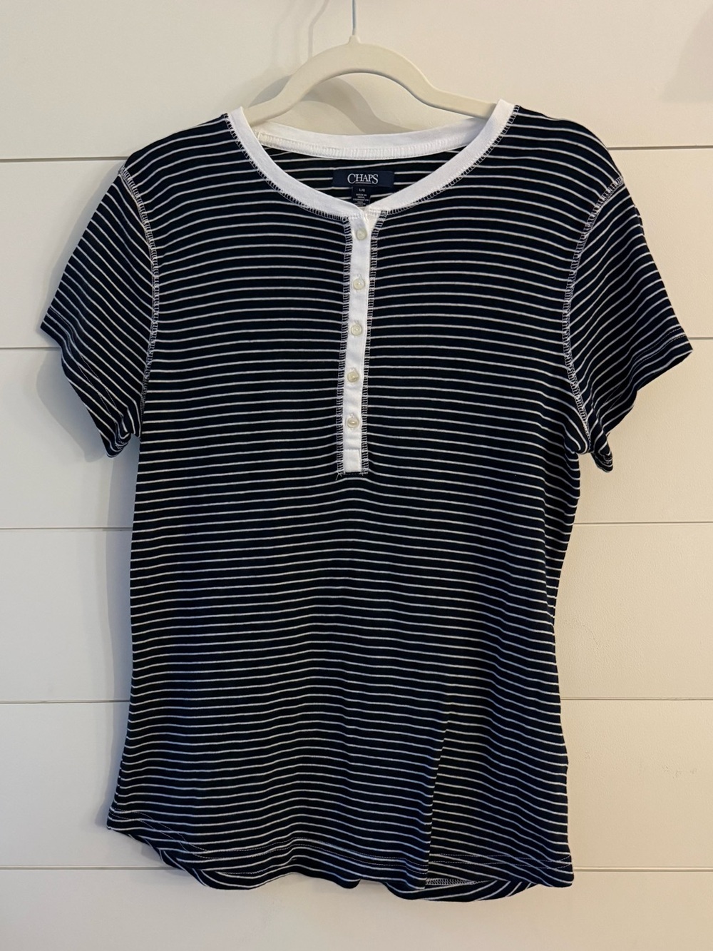 Chaps Navy & White Striped Henley Tee Size Large